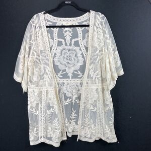 Entro Lace Cardigan SZ Medium Off White Cottagecore Dainty Coquette Short Sleeve